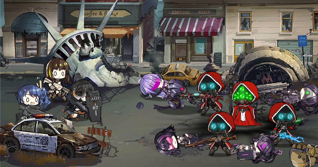 4boys, 6+girls, adeptus_mechanicus, aegis_(girls_frontline), android, car, caws_(girls_frontline), city