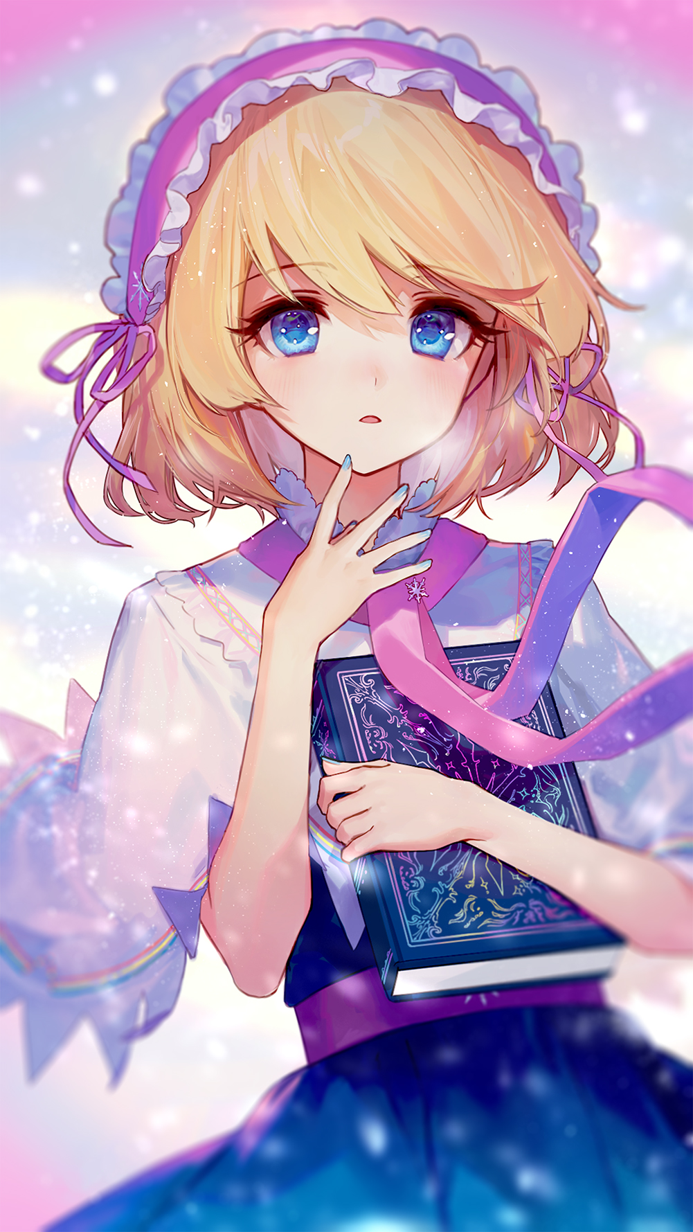 1girl, ainy77, alice_margatroid, bangs, blonde_hair, blue_dress, blue_eyes, blue_nails, blurry, book, capelet, commentary, depth_of_field, dress, eyebrows_visible_through_hair, grimoire_of_alice, hair_ribbon, hairband, hand_on_own_chin, hand_up, highres, holding, holding_book, light_particles, lolita_hairband, looking_at_viewer, nail_polish, open_mouth, parted_lips, pink_hairband, pink_ribbon, red_neckwear, revision, ribbon, sash, shirt, short_hair, snowflake_pin, snowflake_print, snowing, solo, touhou, upper_body, white_capelet, white_shirt
