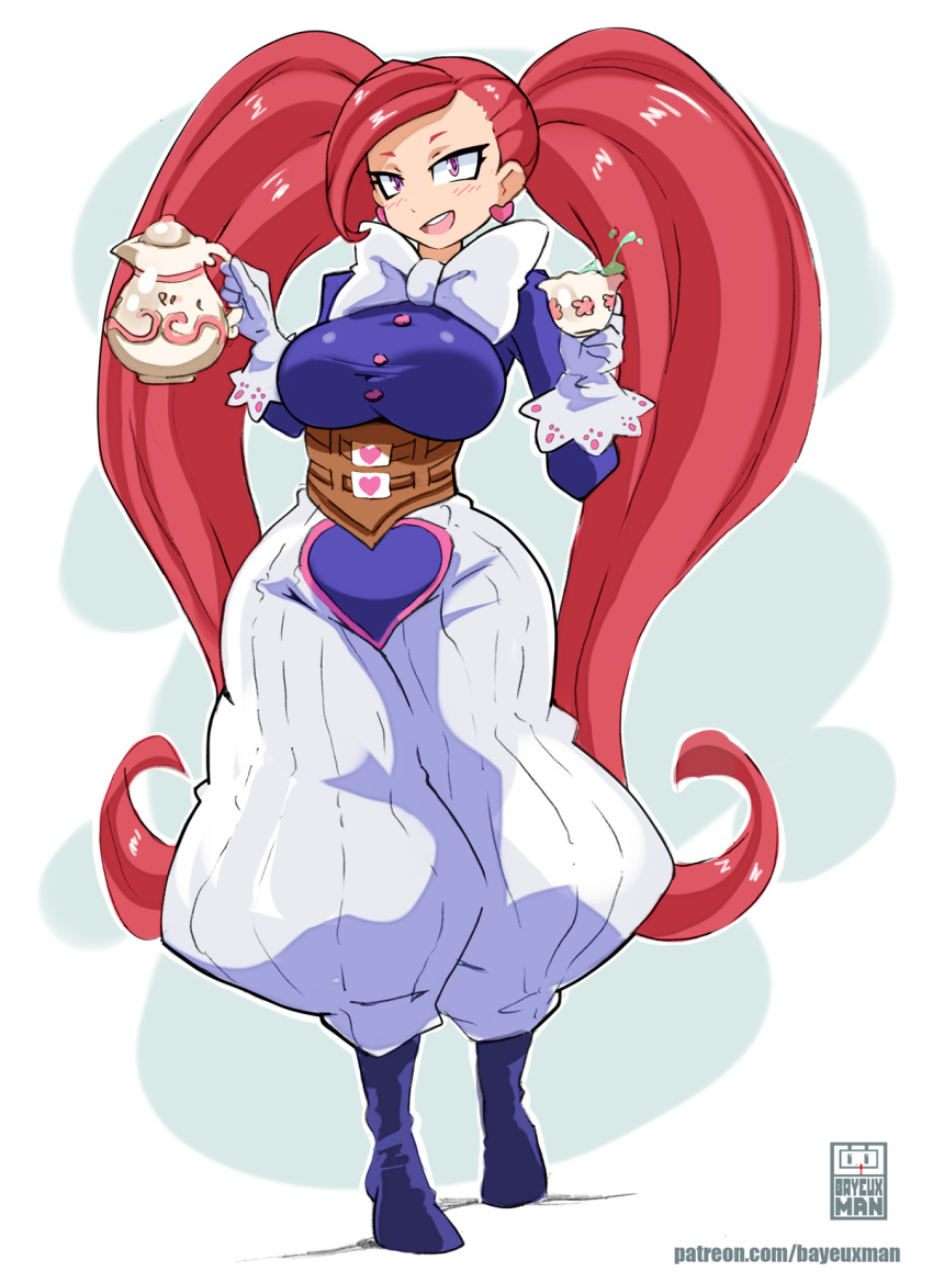 :d, artist_name, bayeuxman, blue_footwear, blush, boku_no_hero_academia, breasts, cup, dress, earrings, full_body, gloves, happy, heart, highres, holding, holding_cup, holding_teapot, jewelry, la_brava, large_breasts, long_hair, looking_at_viewer, open_mouth, pink_eyes, redhead, short_eyebrows, smile, standing, teapot, twintails, very_long_hair, watermark, web_address, white_gloves