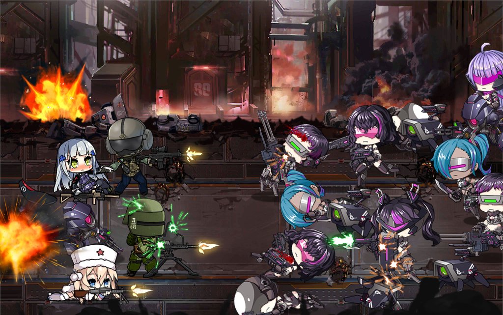 2boys, 6+girls, assault_rifle, blonde_hair, blood, blue_hair, blush, brute_(girls_frontline)