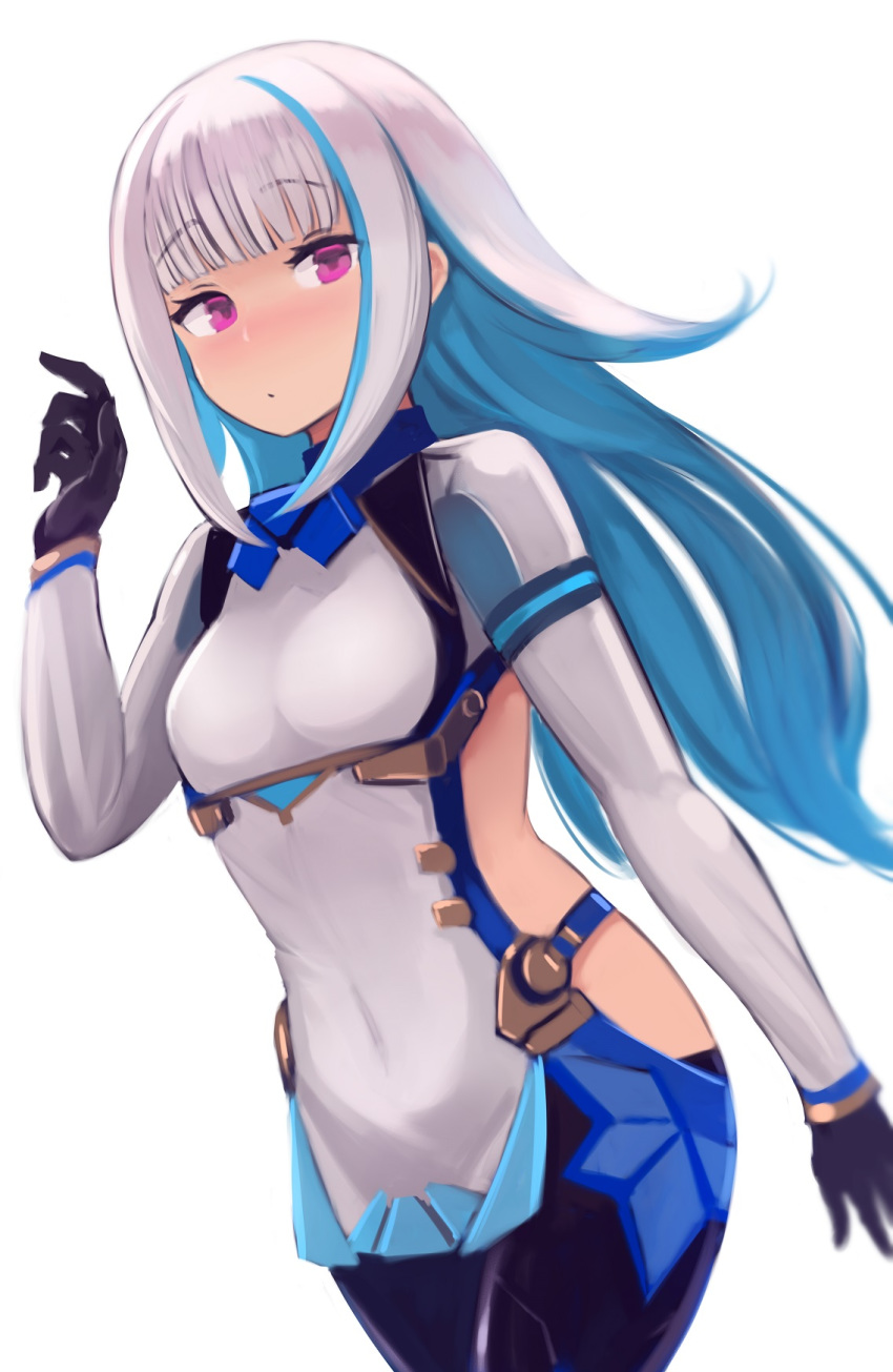 1girl, adapted_costume, bangs, black_gloves, black_pants, blue_hair, blunt_bangs, blush