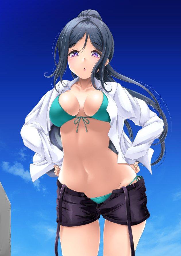 1girl, :o, =o, aqua_bikini, bangs, bikini, blue_hair, blue_sky