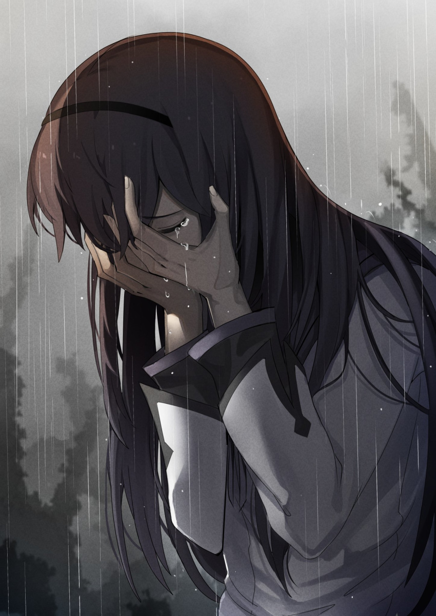 1girl, akemi_homura, black_hair, black_hairband, closed_eyes, commentary, crying, dark