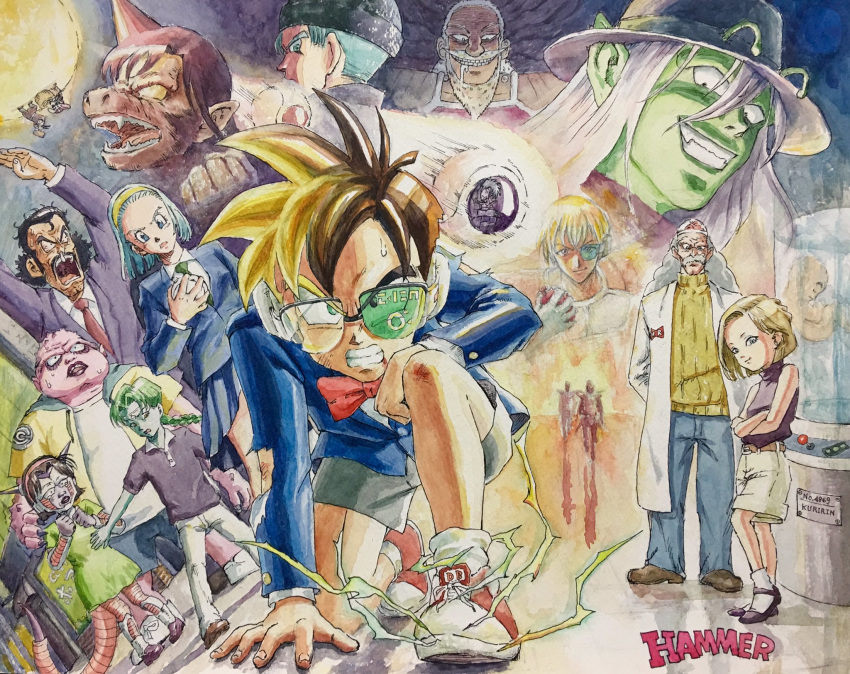 agasa_hiroshi, agasa_hiroshi_(cosplay), akai_shuuichi, akai_shuuichi_(cosplay), android_17, antennae, armor, artist_name, baby, black_hair, blonde_hair, blue_eyes, blue_hair, bow, bowtie, braid, bulma, character_request, child, clenched_teeth, cosplay, dodoria, dr._gero_(dragon_ball), dragon_ball, dragon_ball_z, dress, edogawa_conan, edogawa_conan_(cosplay), electricity, fangs, formal, frieza, genderswap, genderswap_(mtf), gin_(meitantei_conan), gin_(meitantei_conan)_(cosplay), glasses, green_dress, haibara_ai, haibara_ai_(cosplay), hairband, hammar_dobucof, hat, highres, horns, jacket, kojima_genta, kojima_genta_(cosplay), kuririn, labcoat, meitantei_conan, mouri_kogoro, mouri_kogoro_(cosplay), mouri_ran, mouri_ran_(cosplay), necktie, one_knee, parody, piccolo, pleated_skirt, pointy_ears, school_uniform, scouter, shorts, shoulder_armor, single_braid, skirt, snot, son_gohan, suit, super_saiyan, sweat, sweatdrop, tail, teeth, traditional_media, transformation, trunks_(future)_(dragon_ball), tsuburaya_mitsuhiko, tsuburaya_mitsuhiko_(cosplay), watercolor_(medium), white_hair, yoshida_ayumi, yoshida_ayumi_(cosplay), younger, zarbon