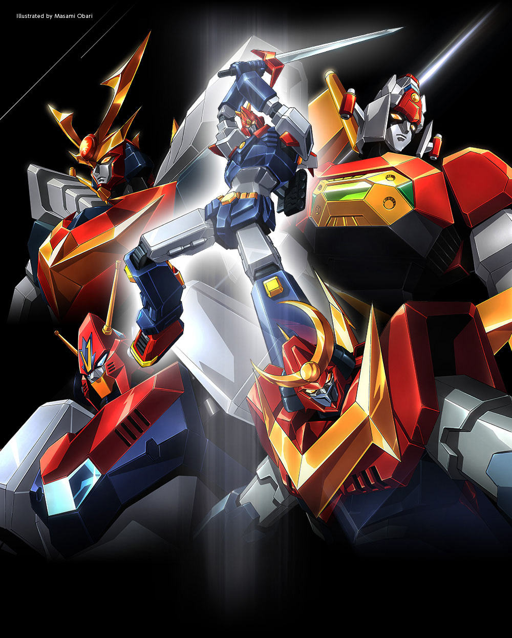 black_background, blue_eyes, choudenji_machine_voltes_v, choudenji_robo_combattler_v, combattler_v_(robot), daimos, daitarn_3, glint
