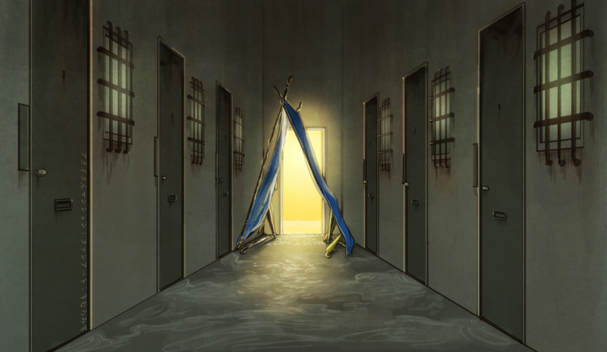 arai-san_mansion, commentary, door, elevator, hallway, indoors, kemono_friends, moromie-mizu