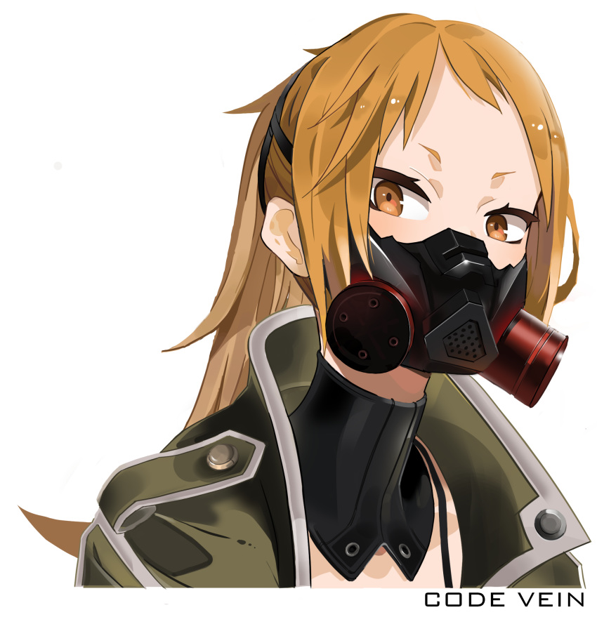 1girl, brown_eyes, coat, code_vein, copyright_name, gas_mask, green_coat, highres, looking_at_viewer, mask, masked, monone, mouth_mask, murasame_rin_(code_vein), orange_hair, ponytail, portrait, solo