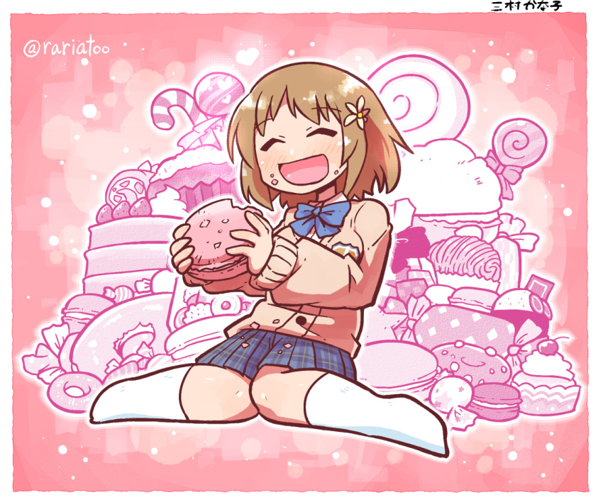 1girl, :d, ^_^, blue_neckwear, blue_skirt, blush, border, bow