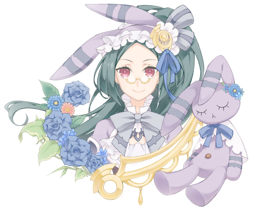 1girl, alternate_costume, animal_ears, ar_tonelico, ar_tonelico_ii, black_hair, blue_flower, blue_ribbon