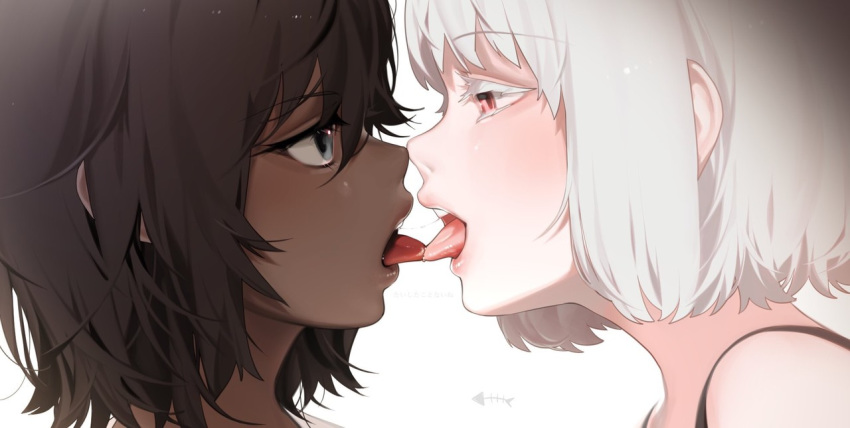 2girls, albino, bangs, brown_hair, close-up, colored_eyelashes, commentary, dark_skin