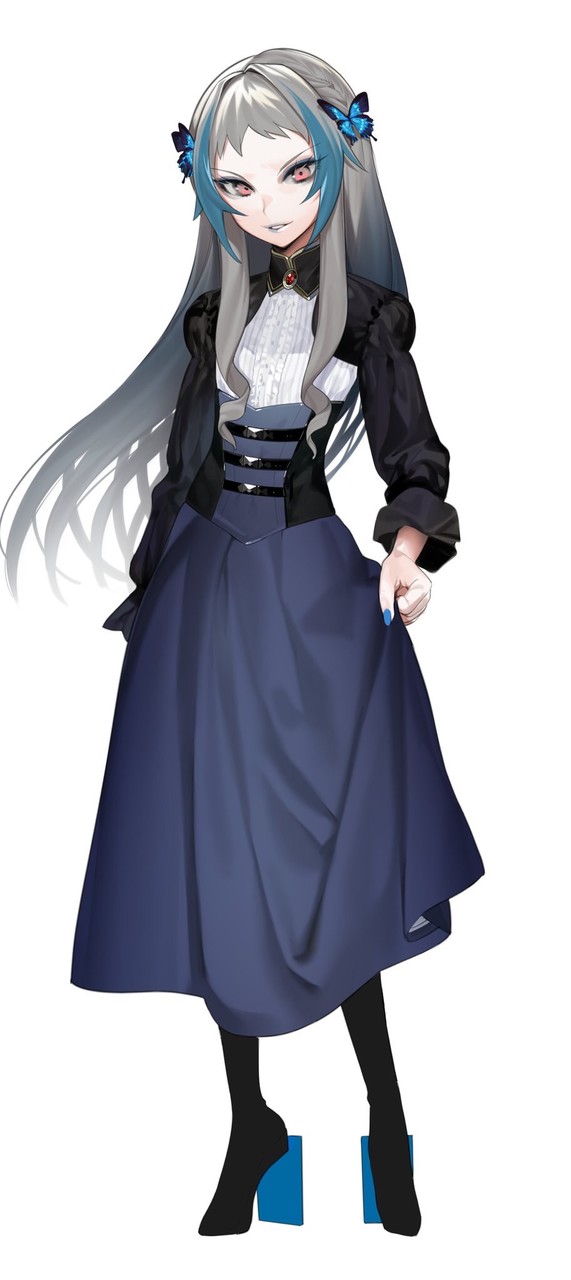 1boy, black_legwear, blue_nails, blue_skirt, butterfly_hair_ornament, commentary_request, cowboy_shot, crossdressinging, eyeshadow, fingernails, full_body, grey_hair, grey_lipstick, hair_ornament, high-waist_skirt, highres, lipstick, looking_at_viewer, makeup, male_focus, multicolored_hair, nail_polish, ohisashiburi, original, otoko_no_ko, pantyhose, parted_lips, puffy_sleeves, red_eyes, simple_background, skirt, skirt_hold, smile, solo, standing, streaked_hair, two-tone_hair_girl_(ohisashiburi), white_background