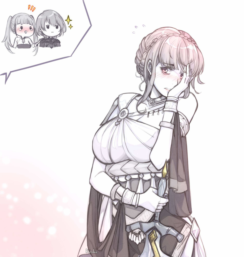1boy, 2girls, armlet, artist_name, braid, byleth_(fire_emblem), byleth_eisner_(male), crown_braid, dancer, dress, fire_emblem, fire_emblem:_three_houses, highres, hilda_valentine_goneril, holding, holding_sword, holding_weapon, long_hair, marianne_von_edmund, multiple_girls, ritence, short_hair, simple_background, sword, twintails, weapon, white_background