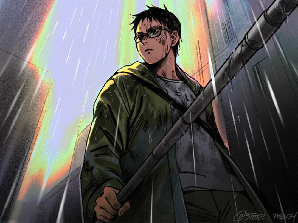 1boy, agnieszka_grochalska, black-framed_eyewear, black_eyes, black_hair, building, closed_mouth, dorohedoro