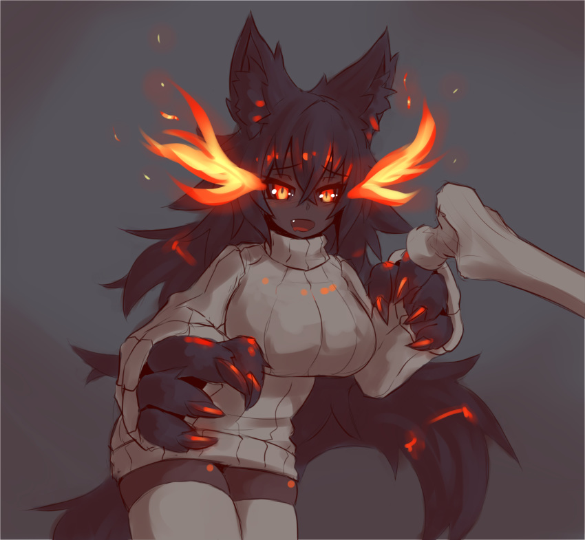 1girl, :d, animal_ear_fluff, animal_ears, bangs, black_hair, black_sclera, bone