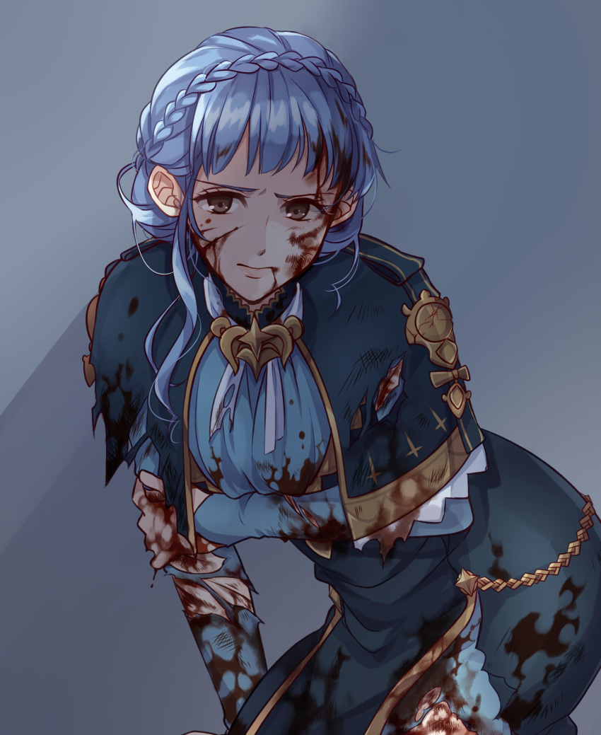1girl, blood, blood_on_face, bloody_clothes, blue_hair, braid, brown_eyes, closed_mouth, crown_braid, dress, fire_emblem, fire_emblem:_three_houses, highres, ikuradon_tabeti, injury, long_sleeves, marianne_von_edmund, simple_background, solo, torn_clothes