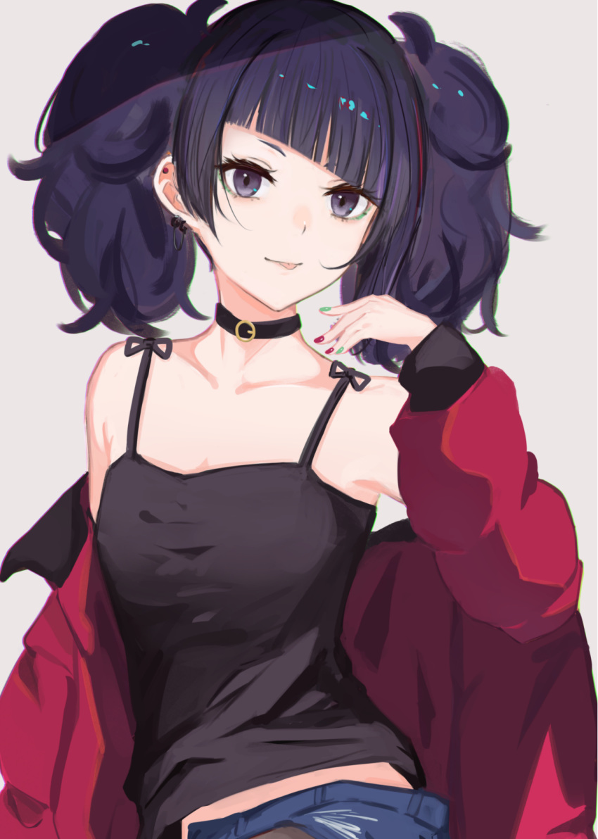 1girl, bangs, bare_shoulders, black_shirt, blue_shorts, blunt_bangs, breasts, camisole
