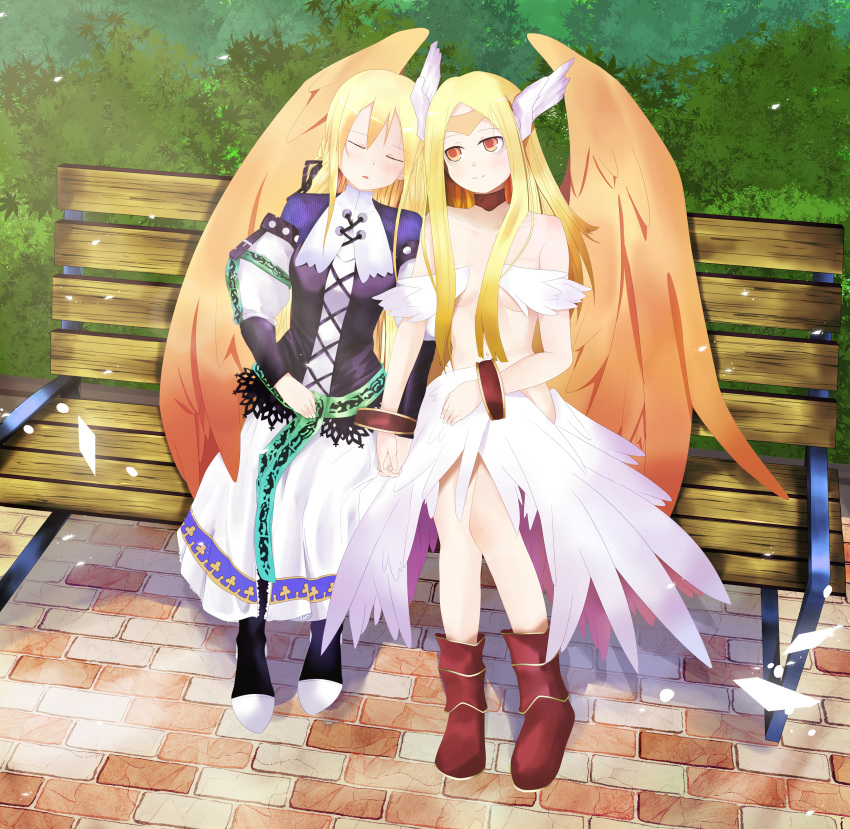 2girls, angel, angel_wings, archangel, bags_under_eyes, blonde_hair, boots, bracelet, breasts, choker, commission, crown, dept._heaven, dress, holding_hands, ikumireii, looking_at_another, looking_to_the_side, marietta, nude, orange_eyes, smile, wings, wings_on_head, yggdra_union, yggdra_yuril_artwaltz, yuri