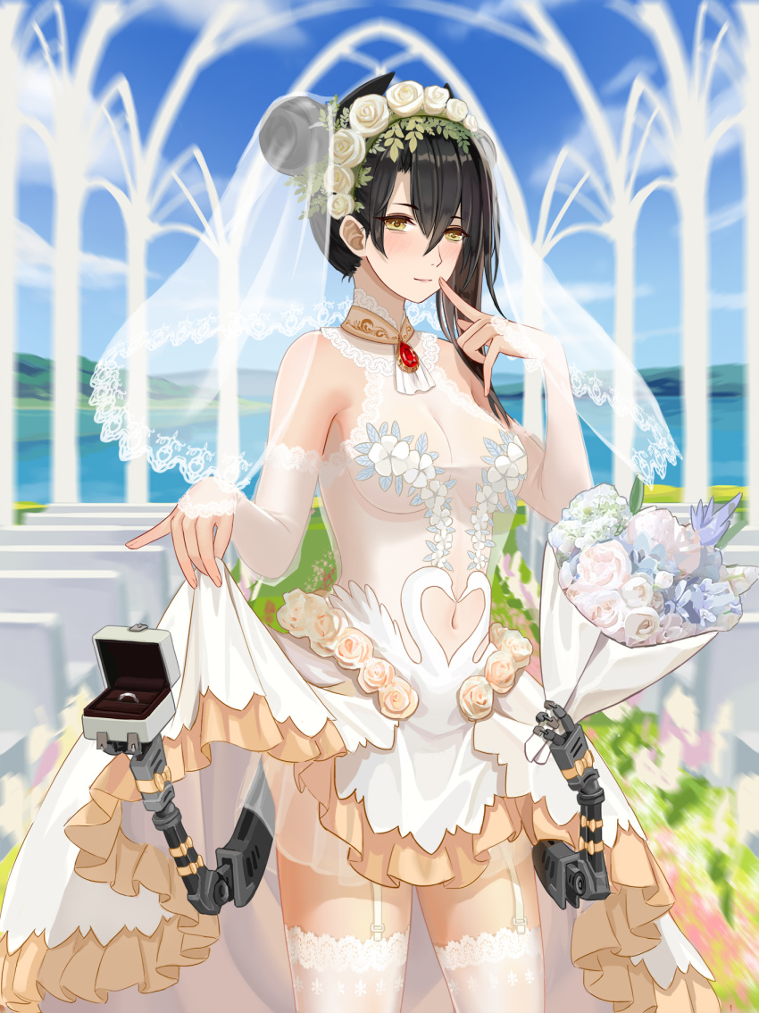 1girl, agent_(girls_frontline), bare_shoulders, black_hair, blush, bouquet, breasts, bridal_gauntlets