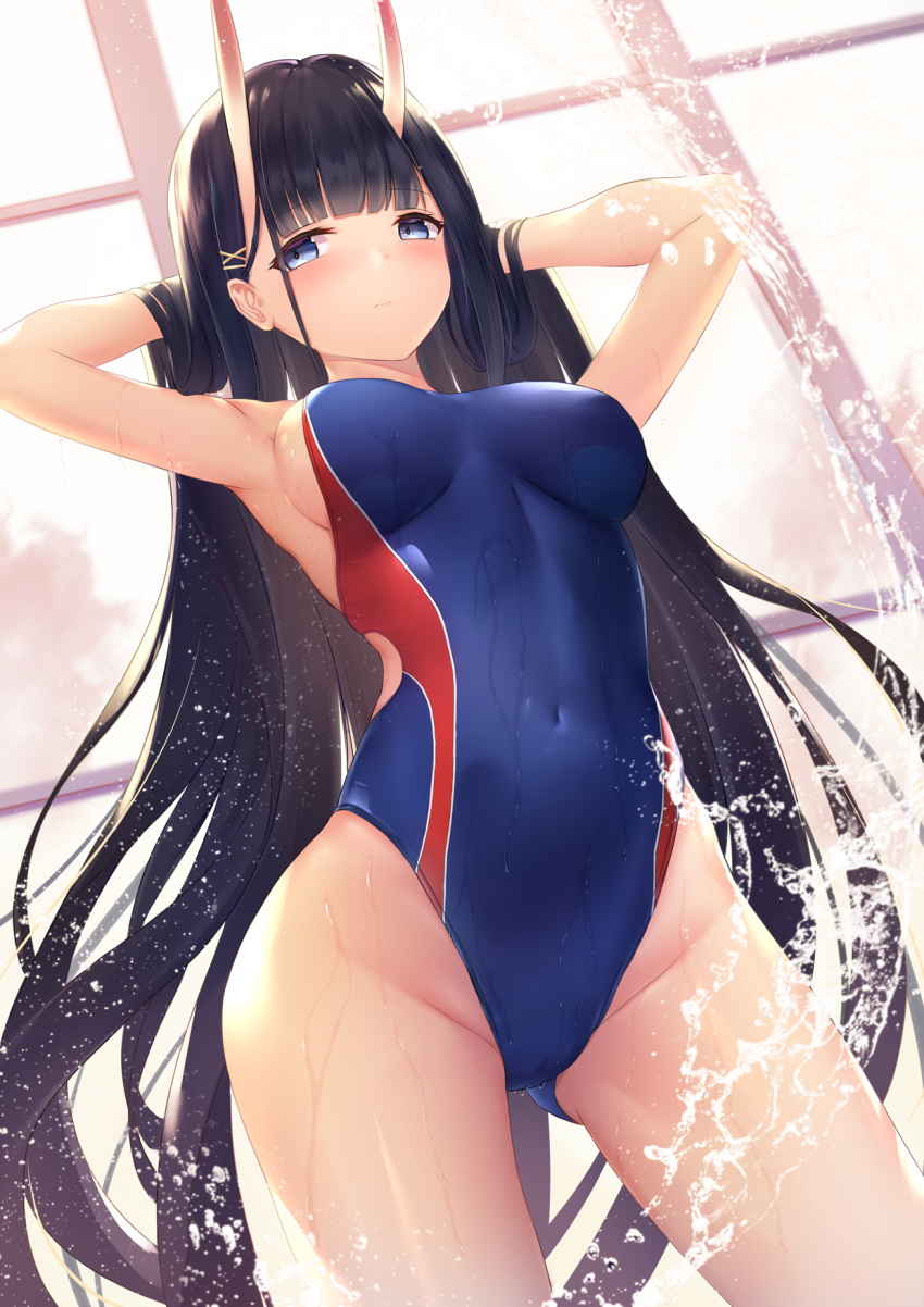 1girl, armpits, arms_behind_head, arms_up, ass_visible_through_thighs, azur_lane, bangs, bare_hips