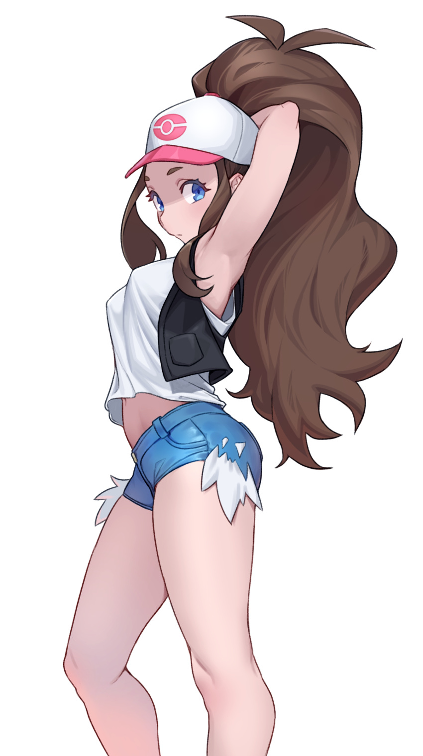 1girl, armpits, arms_up, bare_legs, baseball_cap, black_vest, blue_eyes, breasts