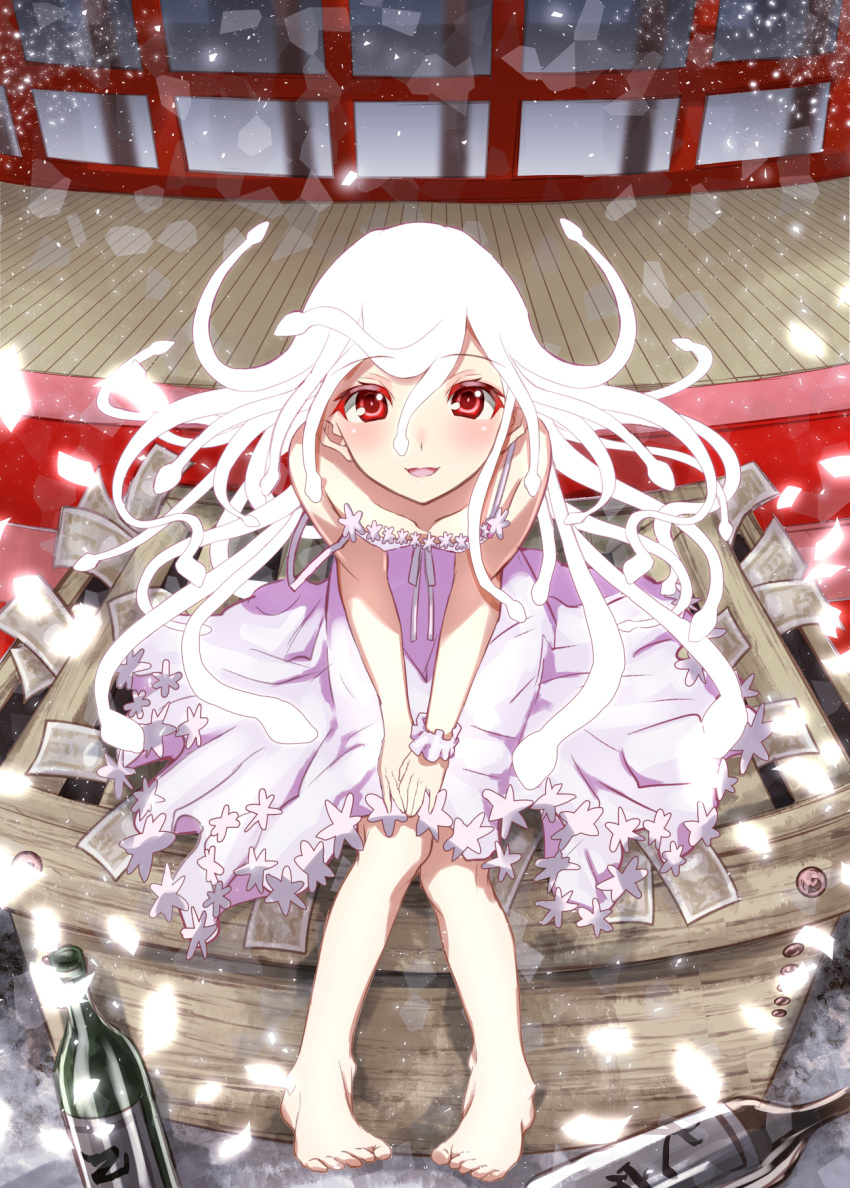1girl, alcohol, bangs, bare_shoulders, barefoot, blush, bottle, box, commentary, donation_box, dress, flat_chest, frost, glowing, glowing_eyes, highres, leaning_forward, long_hair, monogatari_(series), nakuru_796, offering, open_mouth, otorimonogatari, red_eyes, sake, sake_bottle, sengoku_nadeko, shrine, sitting, sitting_on_box, smile, snake, snake_hair, solo, spaghetti_strap, strap_slip, veranda, white_dress, white_hair