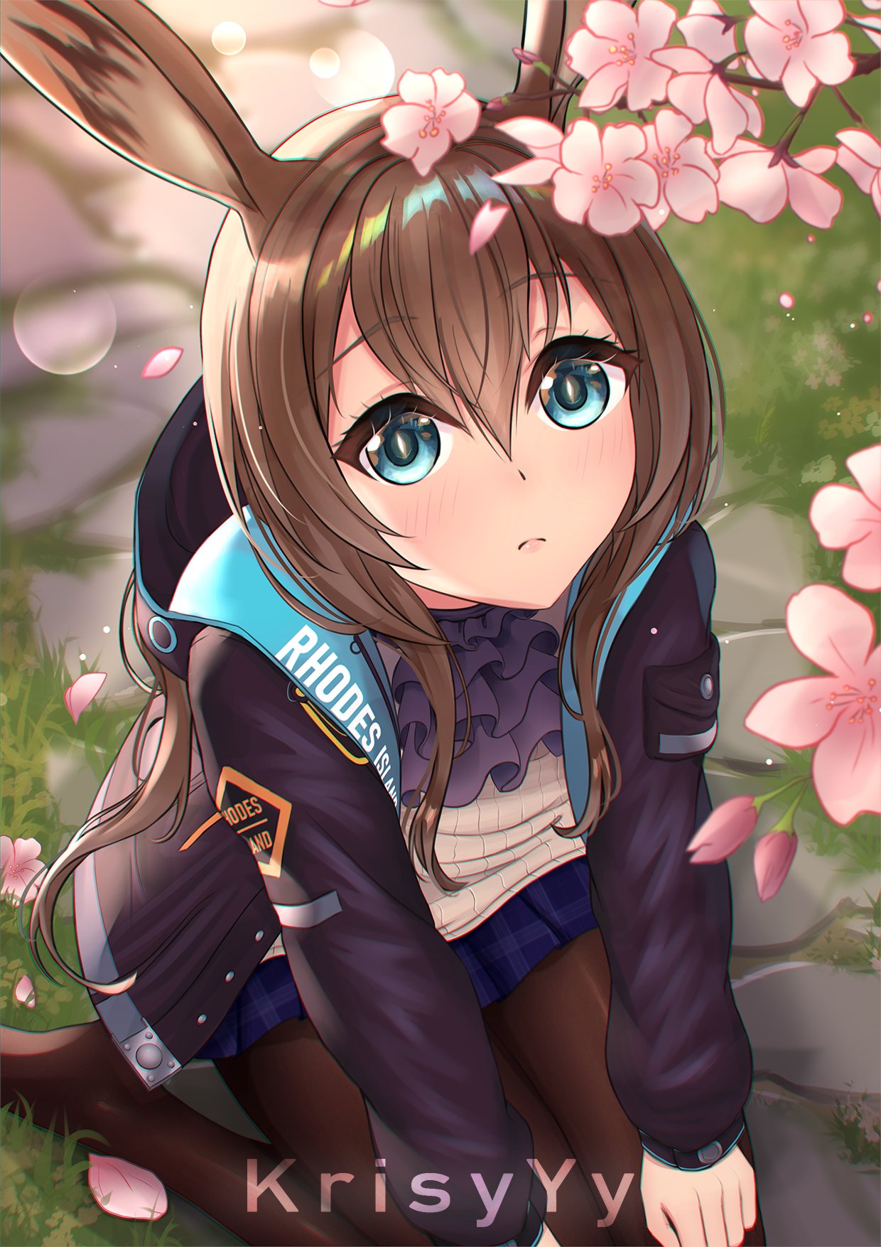 1girl, animal_ears, arknights, artist_name, black_jacket, blue_eyes, blue_skirt, blush