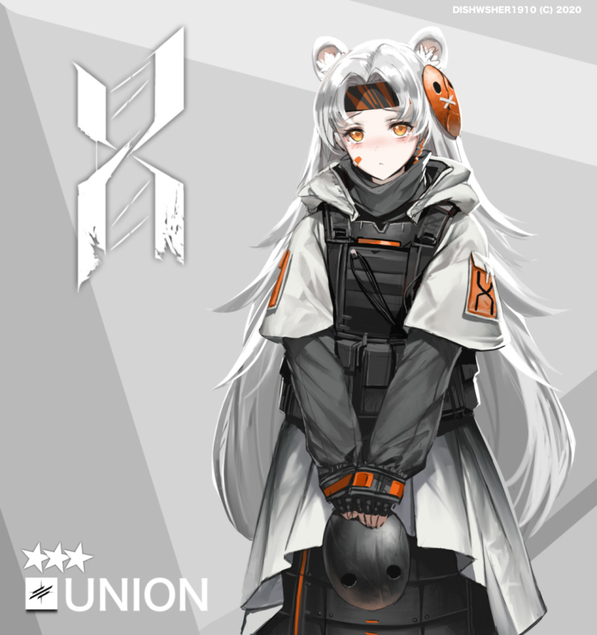 1girl, animal_ears, arknights, armor, bandaid, bangs, commentary, dishwasher1910