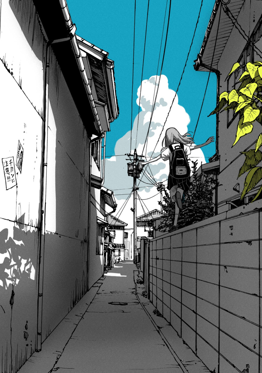 1girl, alley, backpack, bag, balancing, building, clouds, eaves