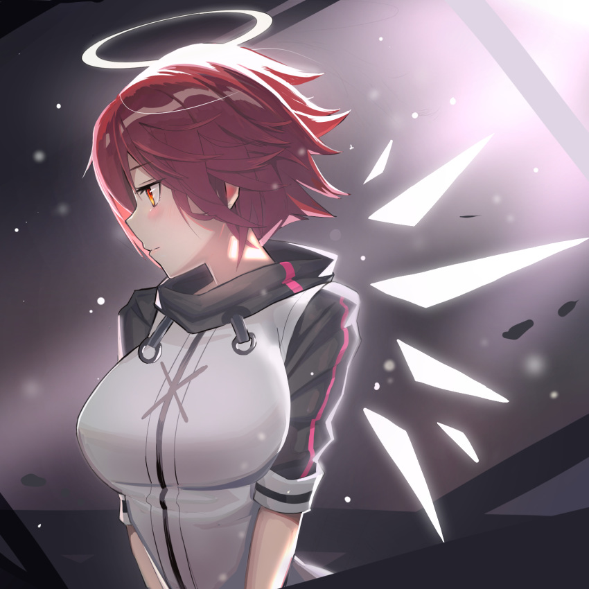 1girl, arknights, bangs, blush, breasts, commentary, exusiai_(arknights), halo, highres, jacket, large_breasts, light_particles, profile, raglan_sleeves, red_eyes, redhead, short_hair, short_sleeves, solo, team_moka, upper_body, white_jacket