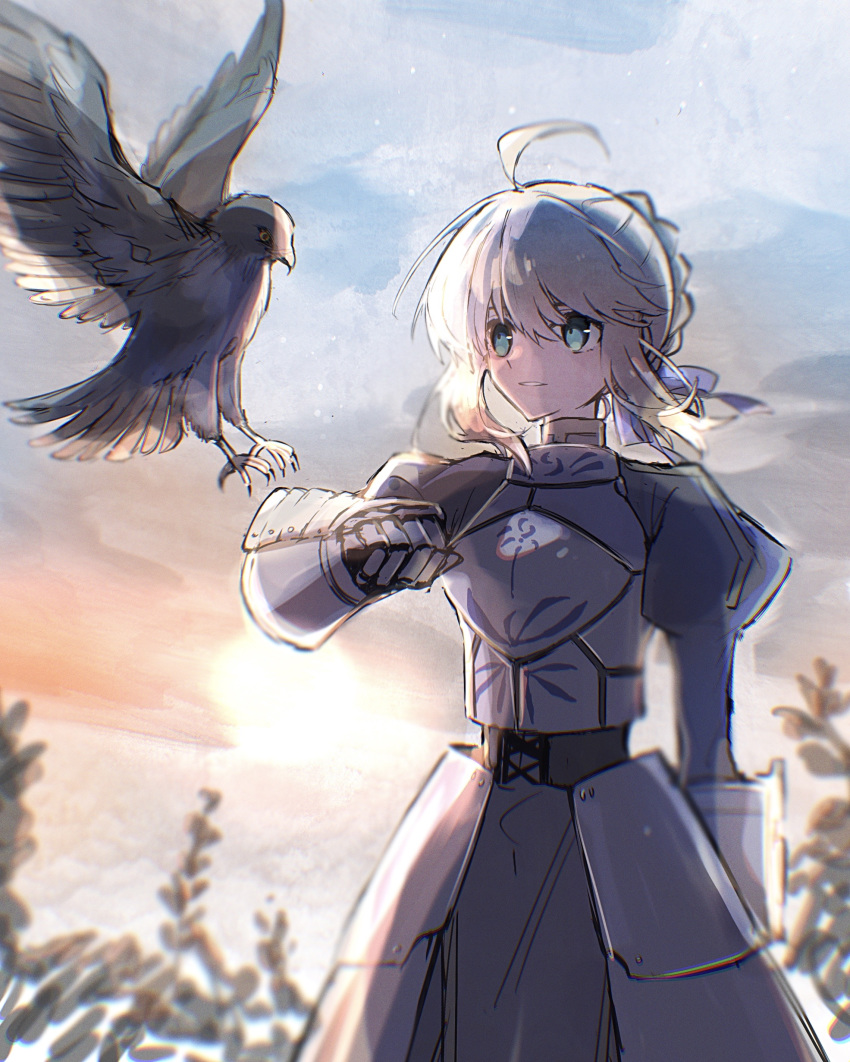 1girl, absurdres, ahoge, armor, armored_dress, artoria_pendragon_(all), bird, blonde_hair