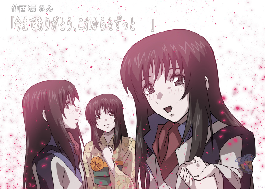 3girls, bangs, black_hair, floral_print, floro_(fafner), grey_eyes, hand_on_own_chest, highres