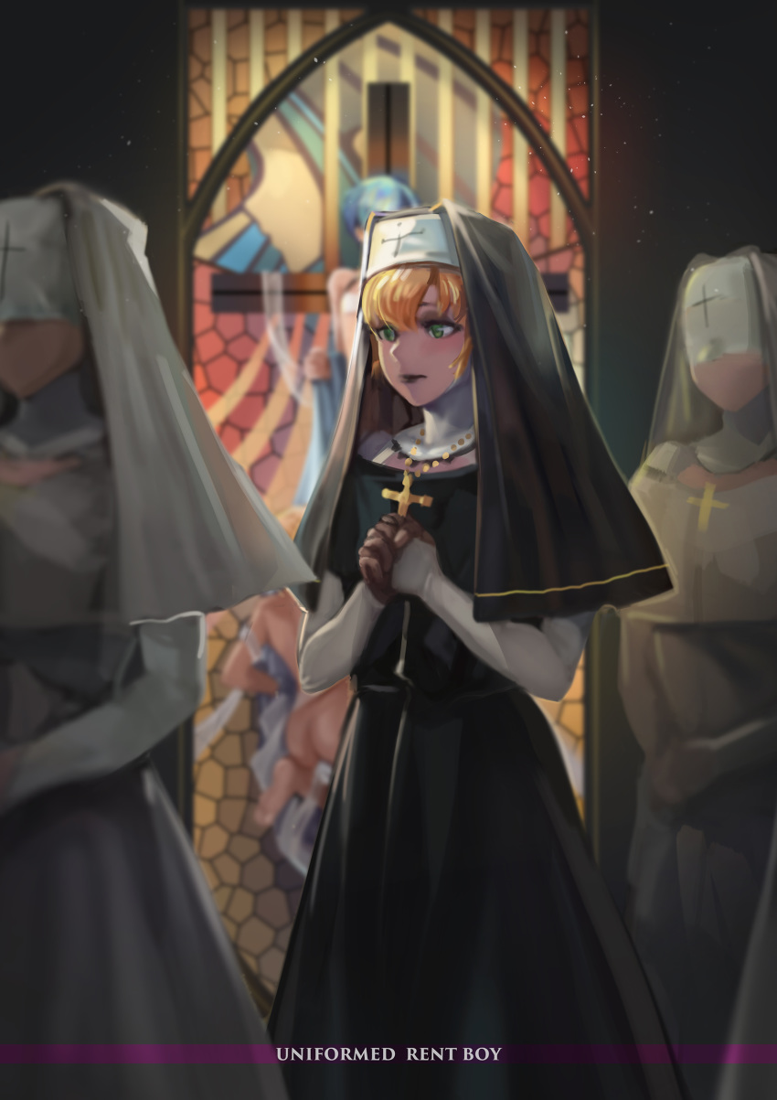 1boy, blonde_hair, cross, green_eyes, hands_clasped, highres, indoors, lipstick
