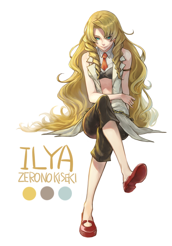 1girl, ao_no_kiseki, armlet, asymmetrical_bangs, bangs, black_shorts, blonde_hair, blue_eyes