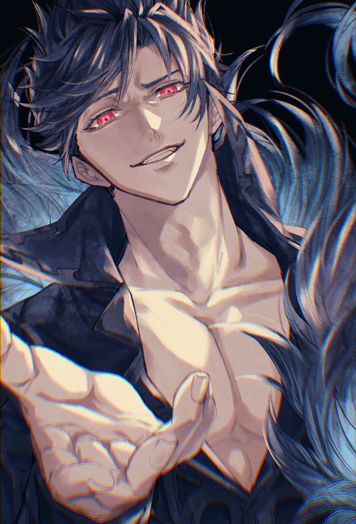 bangs, belial_(granblue_fantasy), black_background, black_hair, black_shirt, chromatic_aberration, collarbone, feather_boa