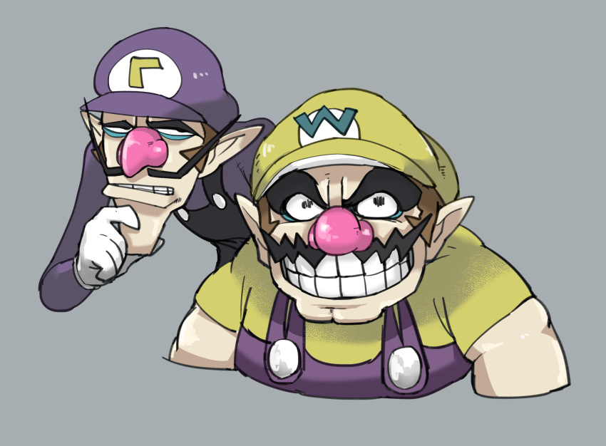 2boys, absurdres, big_nose, black_eyes, brown_hair, chillarism, chin_stroking, cropped_torso