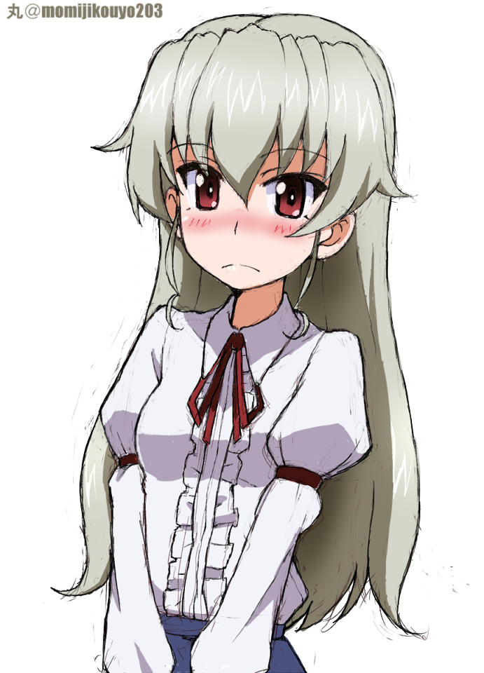 1girl, alternate_costume, alternate_hairstyle, anchovy_(girls_und_panzer), arm_garter, artist_name, bangs, blue_skirt