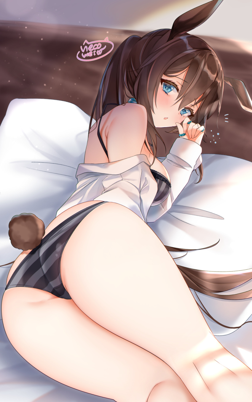 1girl, amiya_(arknights), animal_ears, arknights, ass, bangs, blue_eyes, blush