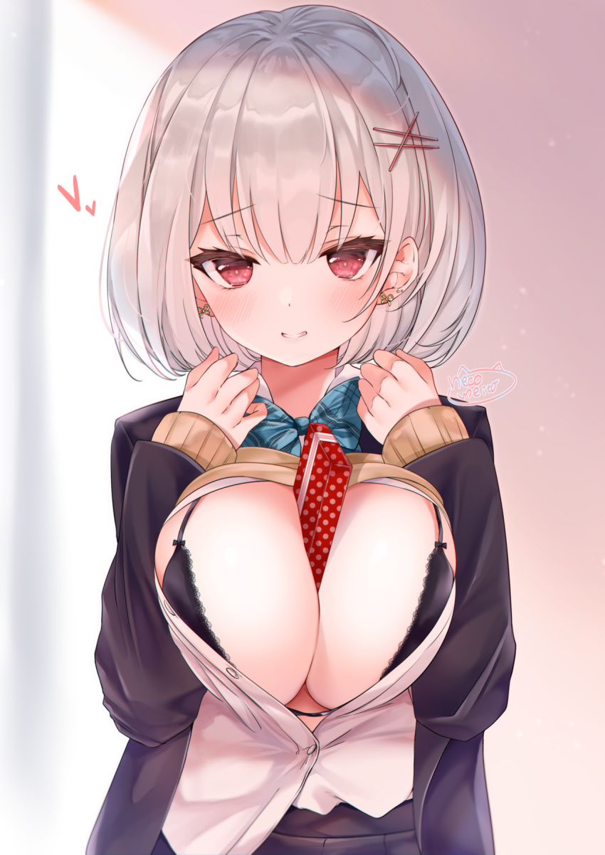 1girl, :d, bangs, between_breasts, black_bra, black_jacket, blazer, blush