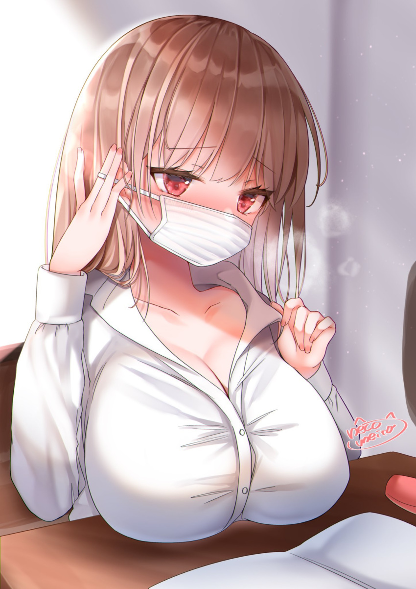 1girl, bangs, blush, breasts, breath, brown_hair, buttons, collarbone