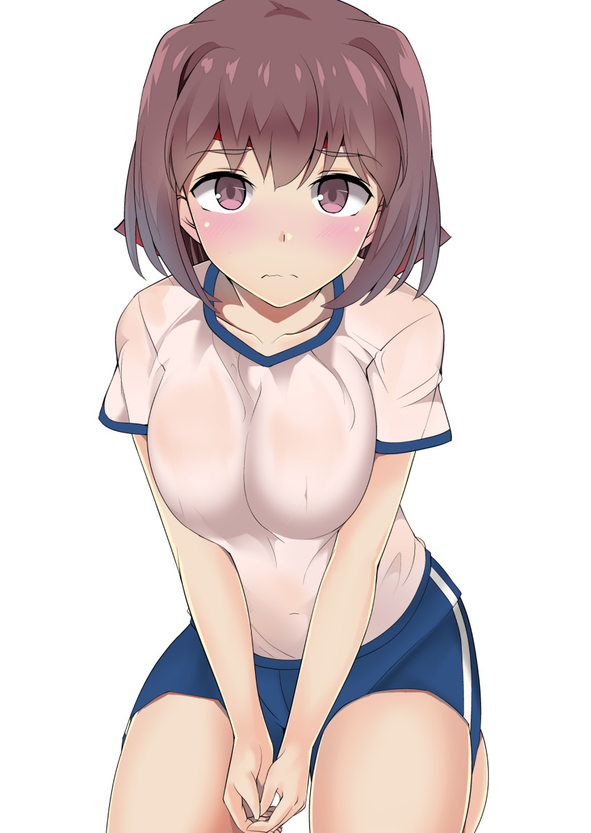 1girl, bangs, blue_shorts, blush, brown_eyes, brown_hair, closed_mouth, commentary, covered_navel, eyebrows_visible_through_hair, frown, girls_und_panzer, gym_shirt, gym_shorts, gym_uniform, headband, highres, kneeling, kondou_taeko, kuku123, looking_at_viewer, medium_hair, no_bra, open_mouth, red_headband, see-through, shirt, short_shorts, short_sleeves, shorts, single_vertical_stripe, solo, t-shirt, v_arms, wavy_mouth, wet, wet_clothes, wet_shirt, white_shirt