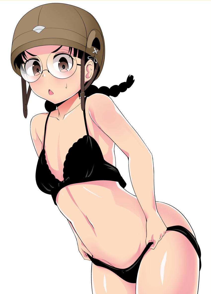 1girl, absurdres, adjusting_clothes, adjusting_panties, bangs, black-framed_eyewear, black_bra, black_hair