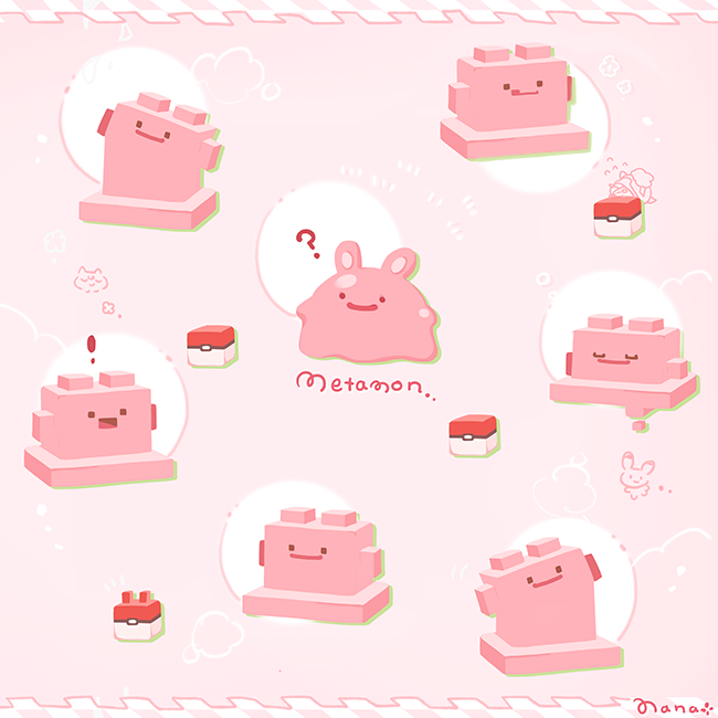 !, ._., :o, ?, chaloc7, character_name, closed_eyes, commentary, creature, ditto, full_body, gen_1_pokemon, jigglypuff, jigglypuff_(cameo), no_humans, pikachu, pikachu_(cameo), pink_background, pink_theme, poke_ball, poke_ball_(generic), pokemon, pokemon_(creature), pokemon_(game), pokemon_quest, smile, standing, torterra, torterra_(cameo)