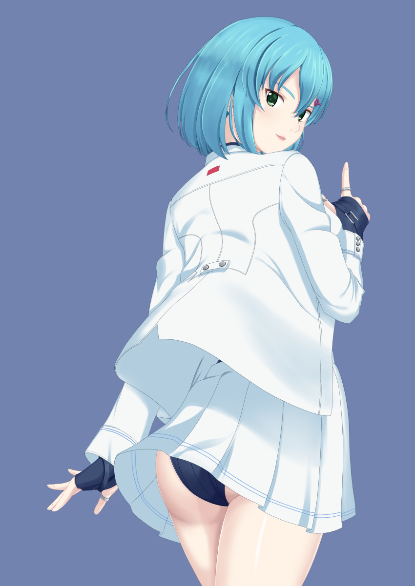 1girl, absurdres, ass, bangs, black_gloves, blue_background, blue_hair, bob_cut