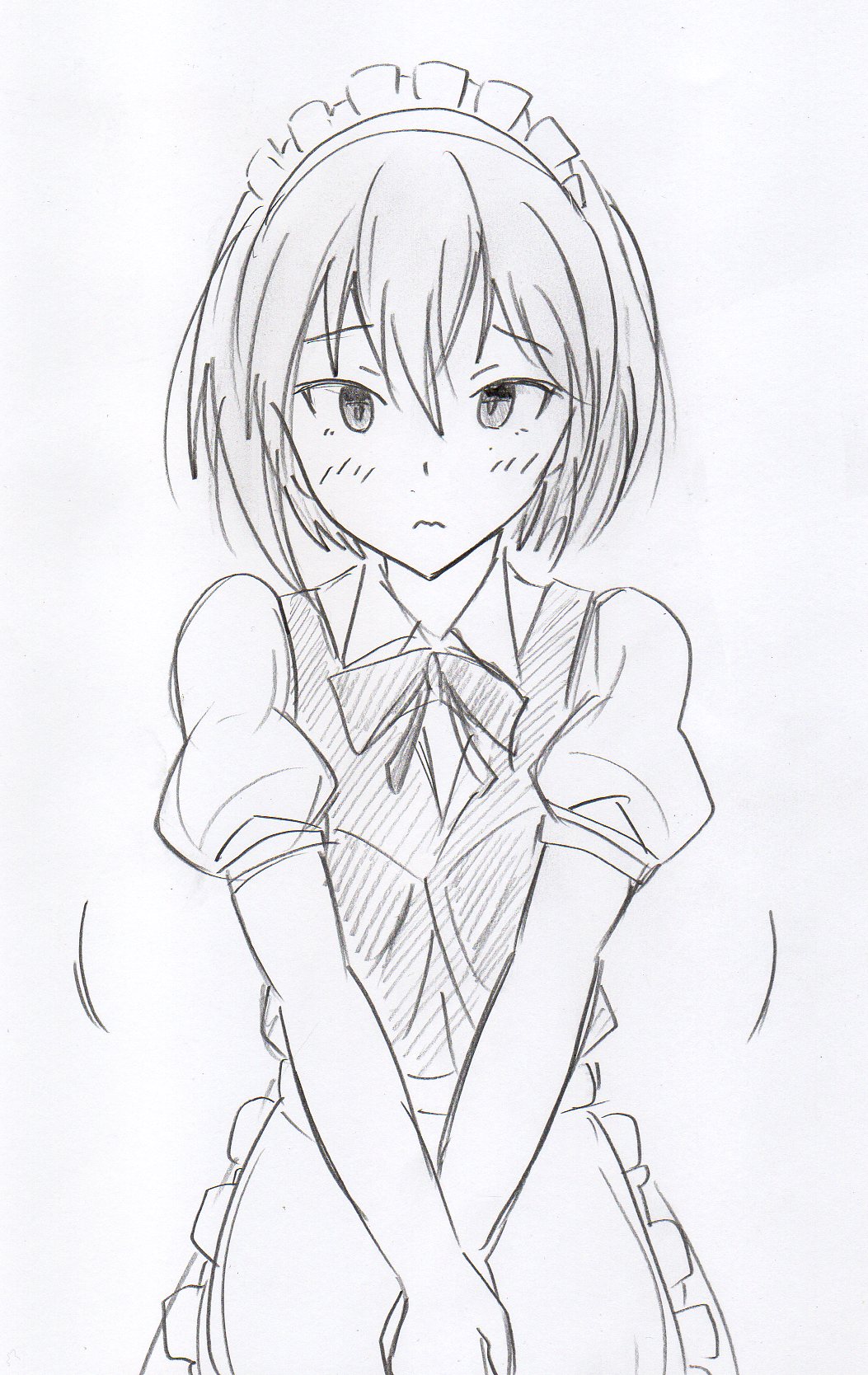 alternate_costume, anetani_anne, apron, bangs, blush, bob_cut, bow, bowtie, embarrassed, graphite_(medium), hairband, hands_together, highres, light_frown, looking_at_viewer, maid_apron, maid_headdress, mechanical_pencil, motion_lines, murenase!_shiiton_gakuen, pencil, potekite, raised_eyebrows, short_hair, sketch, traditional_media