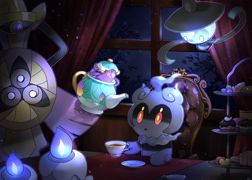 aegislash, chair, commentary_request, creature, cup, eye_contact, floating, gen_5_pokemon