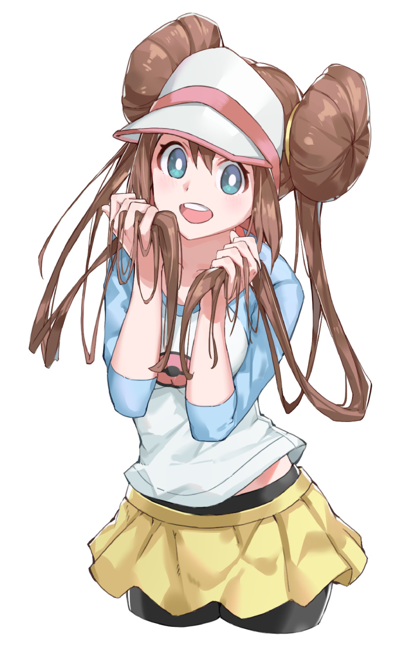 1girl, black_legwear, blue_eyes, breasts, brown_hair, cchhii3, double_bun, highres, long_hair, looking_at_viewer, mei_(pokemon), open_mouth, pantyhose, pokemon, pokemon_(game), pokemon_bw2, raglan_sleeves, simple_background, smile, solo, twintails, very_long_hair, visor_cap, white_background
