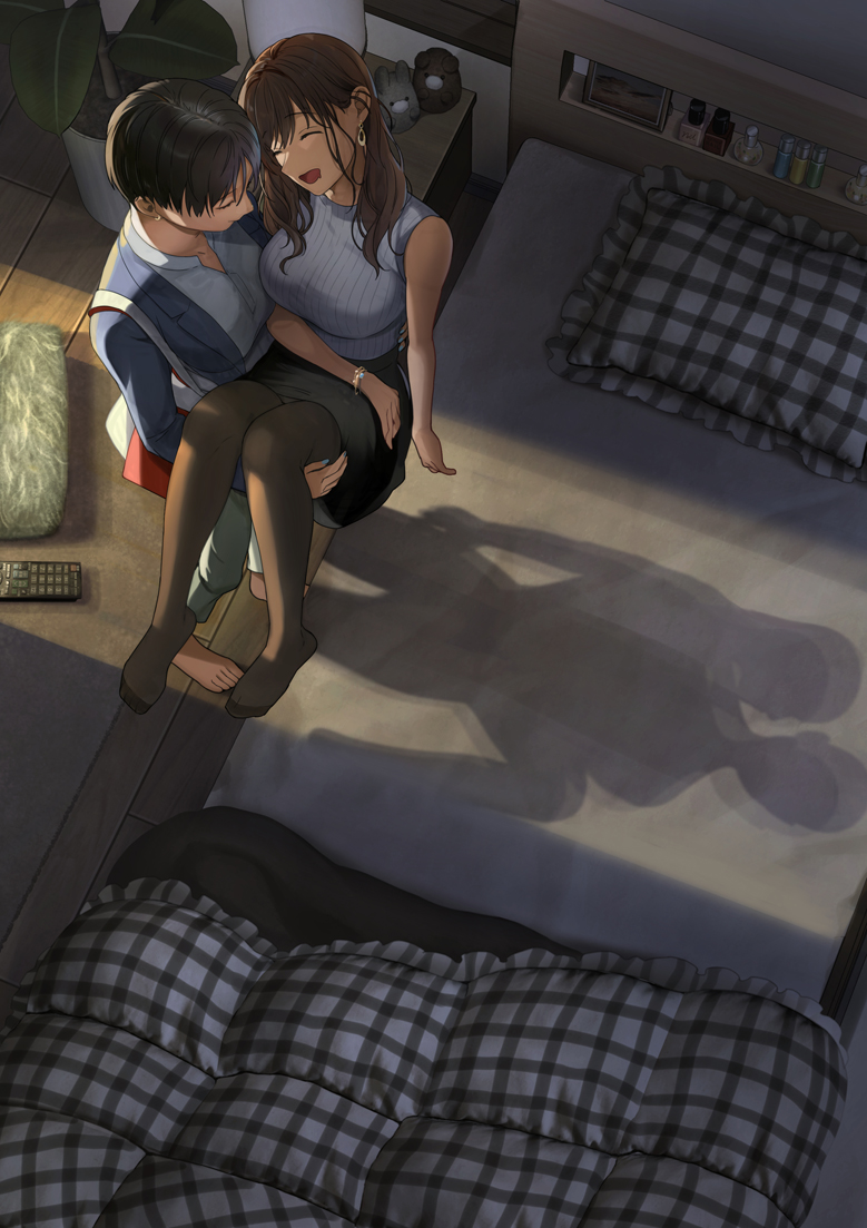 2girls, bangs, bare_shoulders, barefoot, bed, bed_frame, black_hair, black_skirt