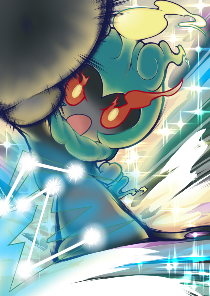 creature, gen_7_pokemon, marshadow, marshadow_(zenith), motion_lines, no_humans, open_mouth, pokemon