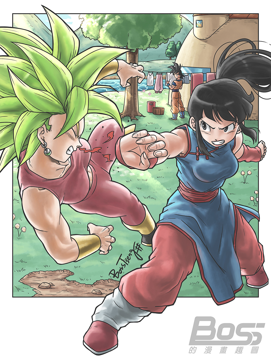 1boy, 2girls, black_eyes, black_hair, bosstseng, breasts, chi-chi_(dragon_ball), chinese_clothes