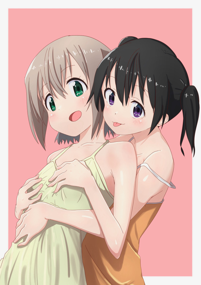 2girls, bare_shoulders, black_hair, breasts, camisole, collarbone, commentary_request, green_eyes